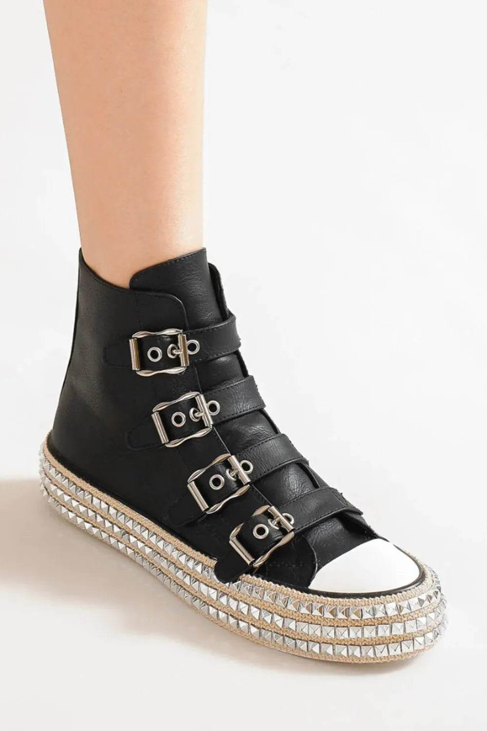 Beast Fashion Multi-Buckle Straps Studded Platform Sneakers - Tredona LLC
