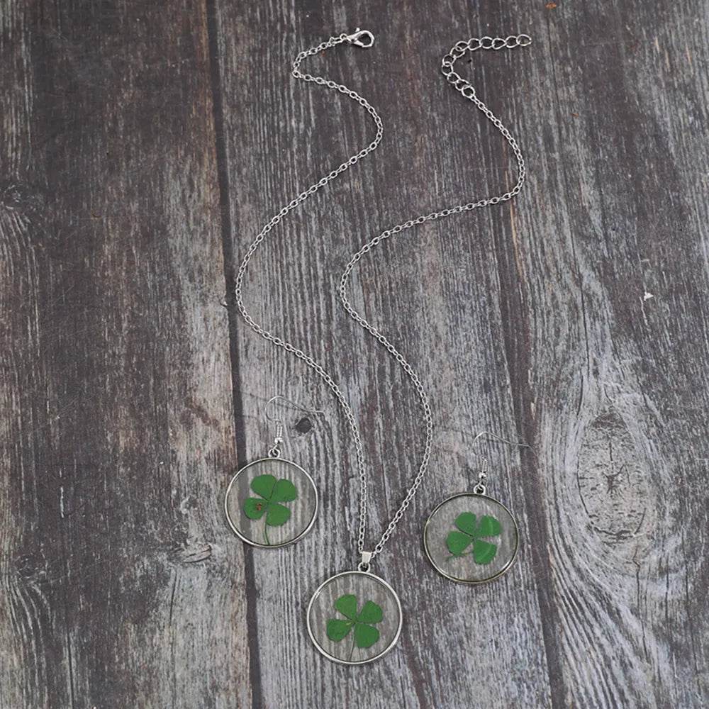 Lucky Clover Alloy Acrylic Earrings and Necklace Jewelry Set - Tredona LLC