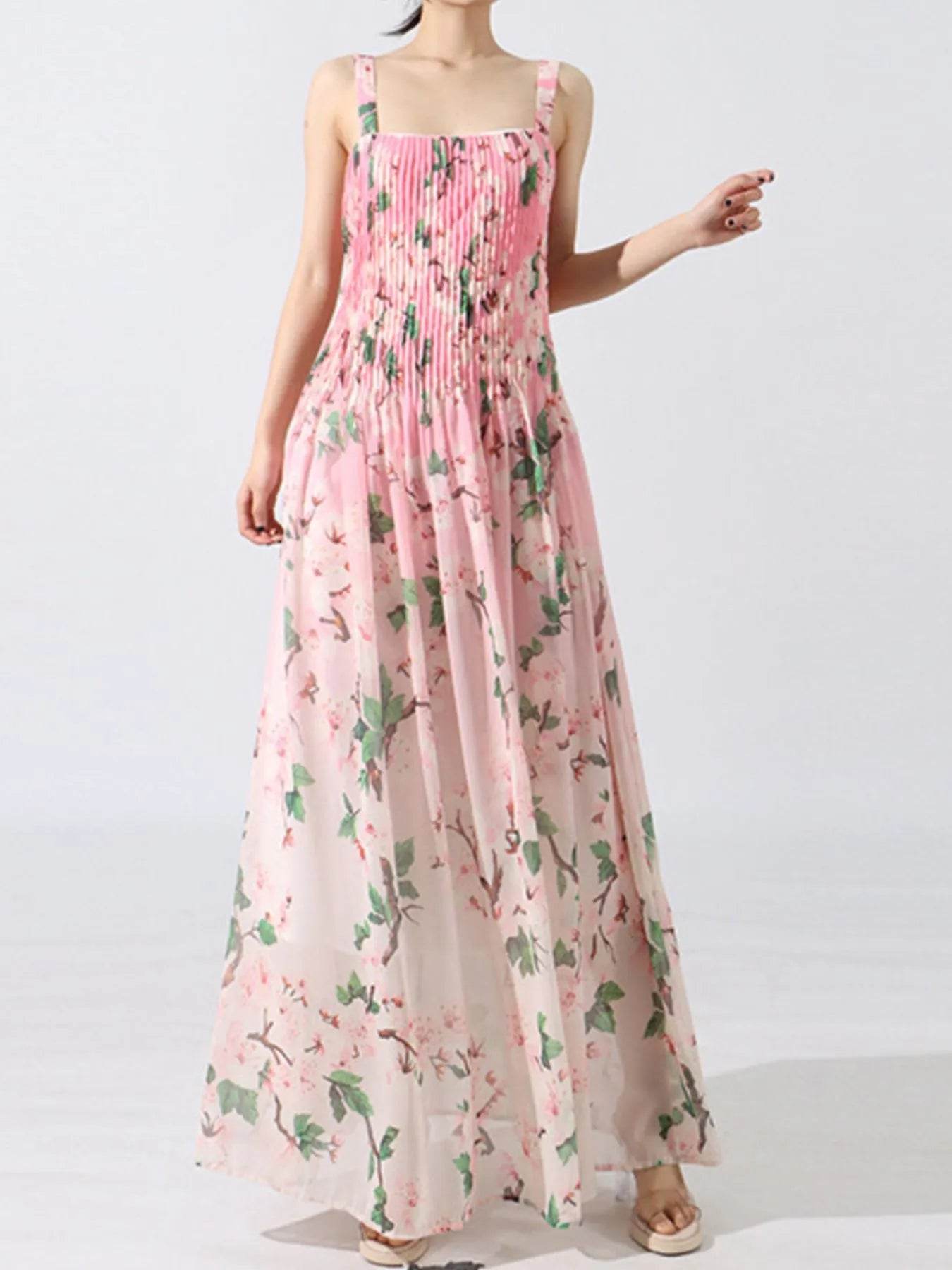 Floral Print Pleated Maxi Dress - Tredona LLC