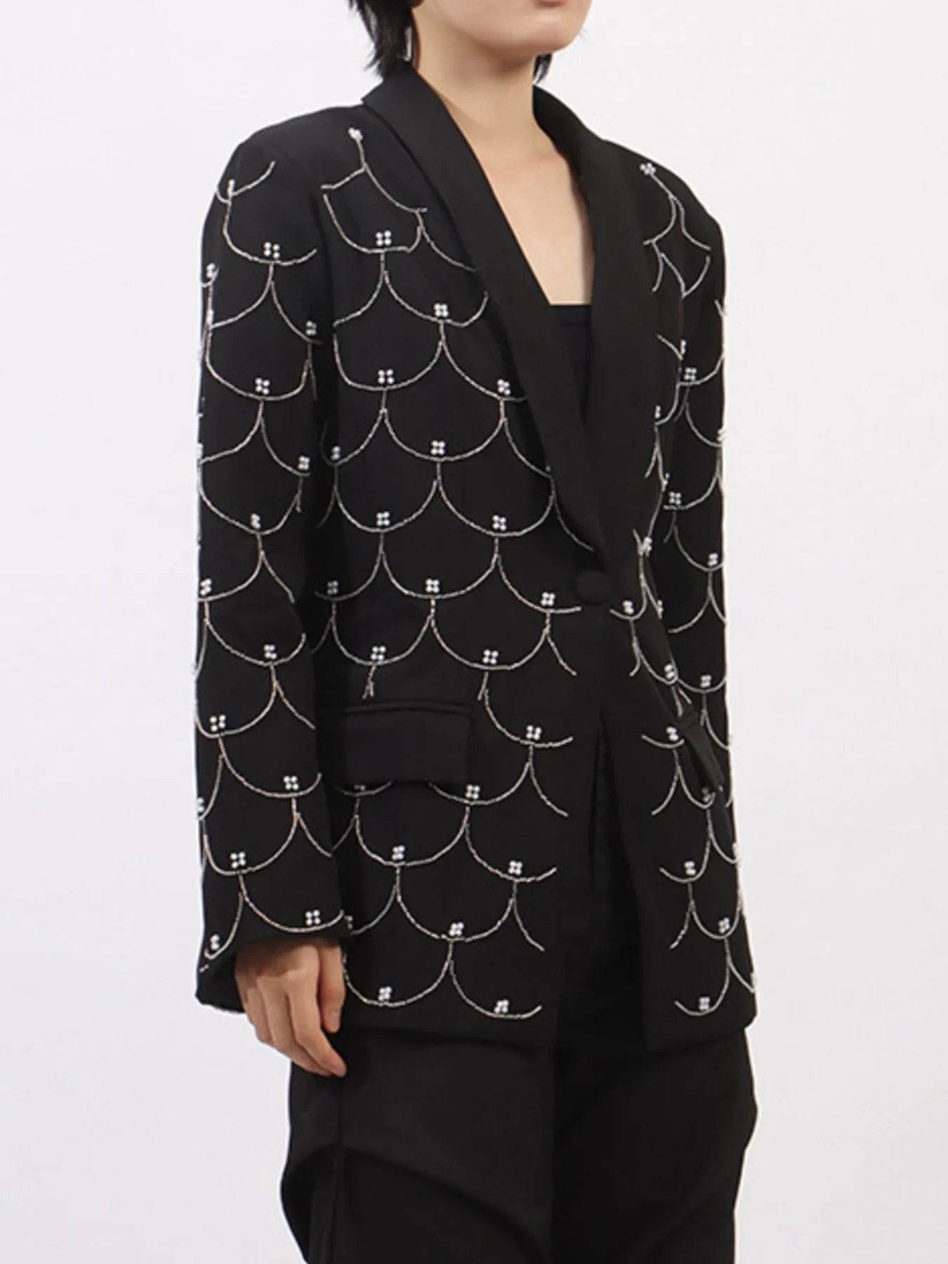 Pearl Detail Long Sleeve Blazer - Tredona LLC