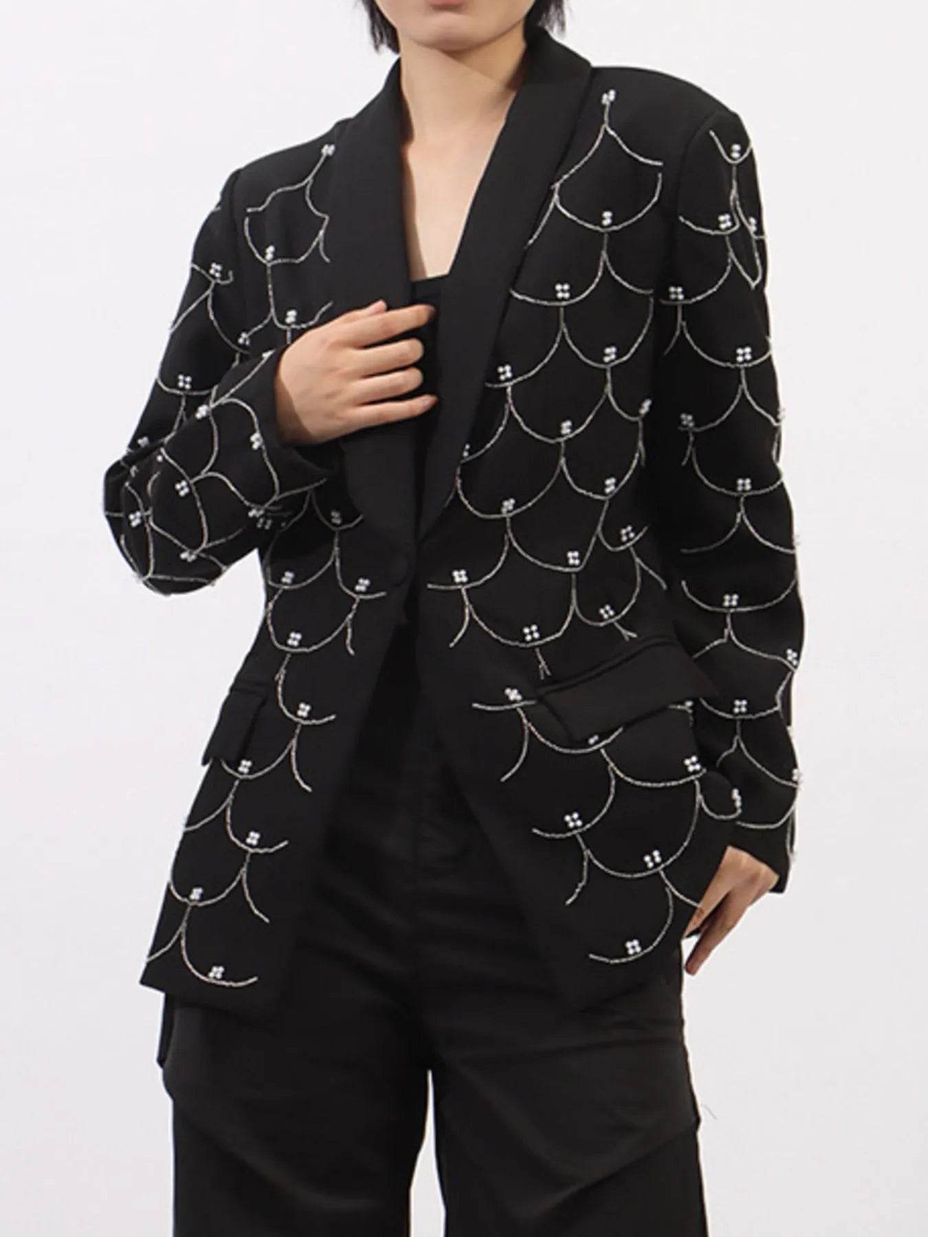 Pearl Detail Long Sleeve Blazer - Tredona LLC