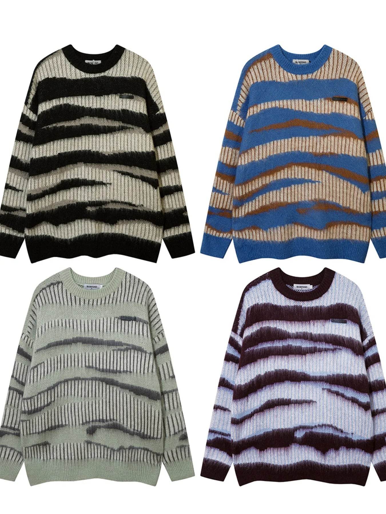 Men's Oversized Contrast Striped Round Neck Sweater - Tredona LLC