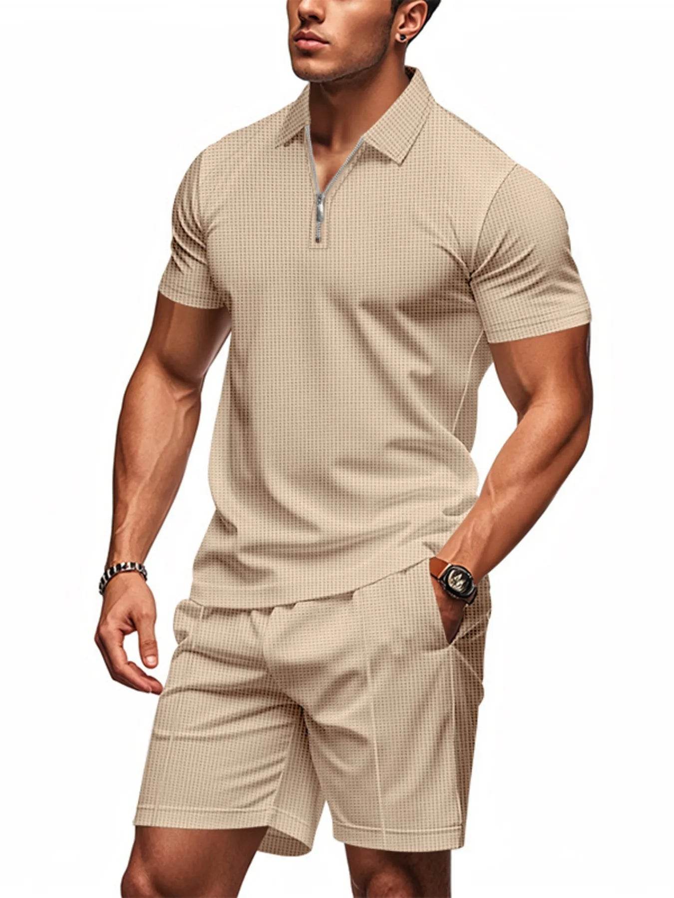 Men's Plus Size Quarter Zip Short Sleeve Top and Shorts Set - Tredona LLC