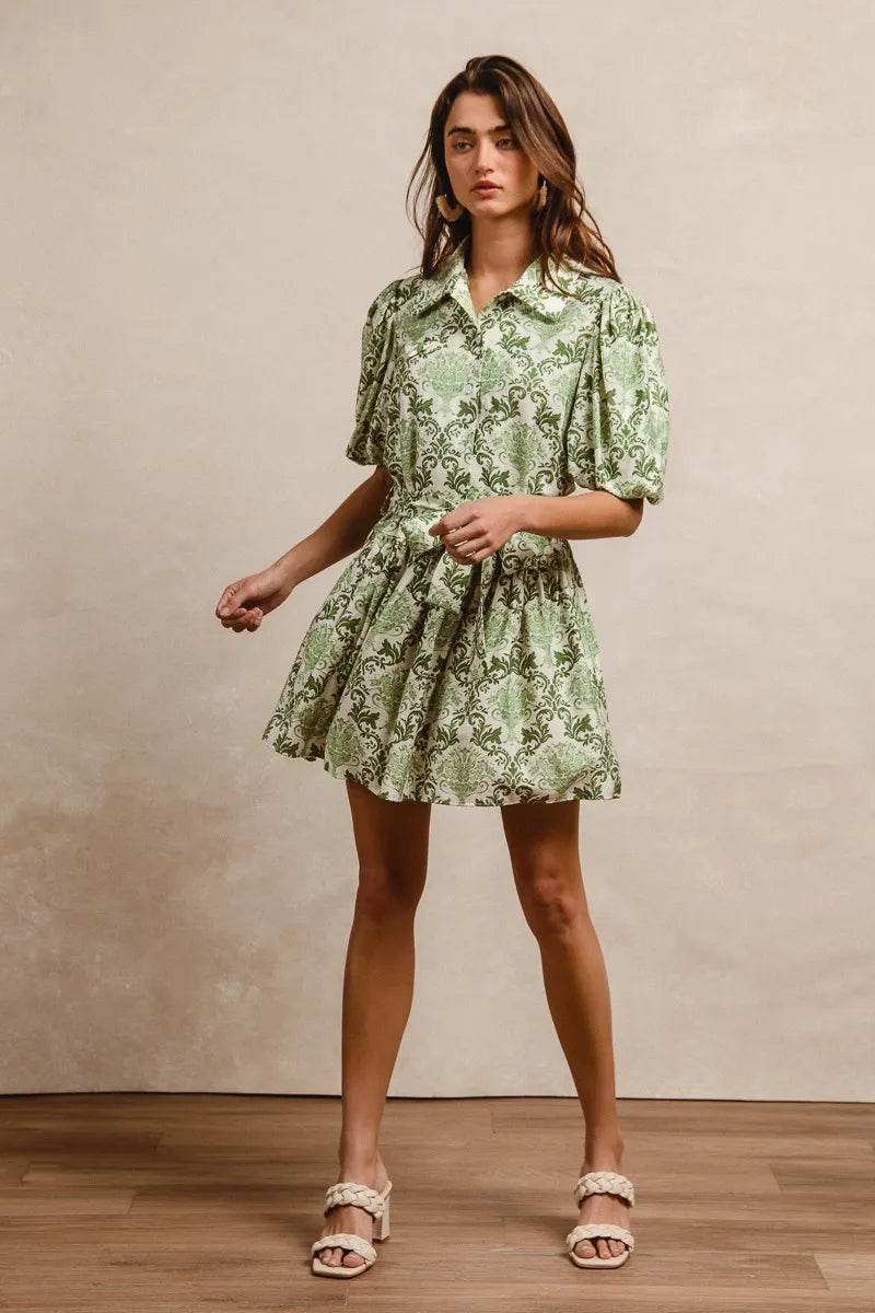 BiBi Tied Floral Short Sleeve Mini Shirt Dress - Tredona LLC