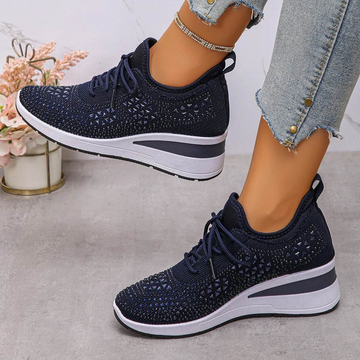 Breathable Mesh Rhinestone Wedge Athletic Sneakers - Tredona LLC