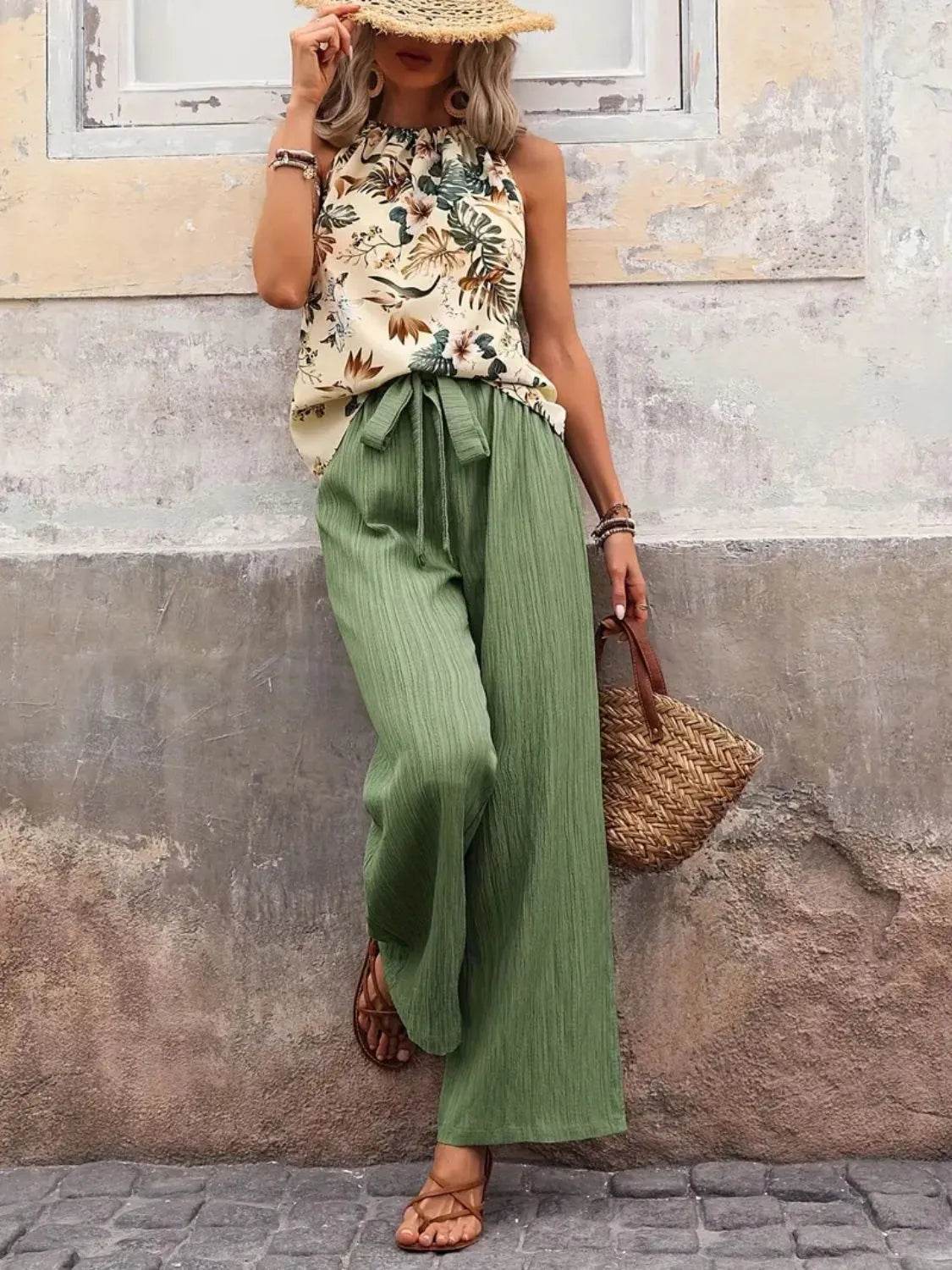 Printed Tank Top and Wide Leg Pants Set - Tredona LLC