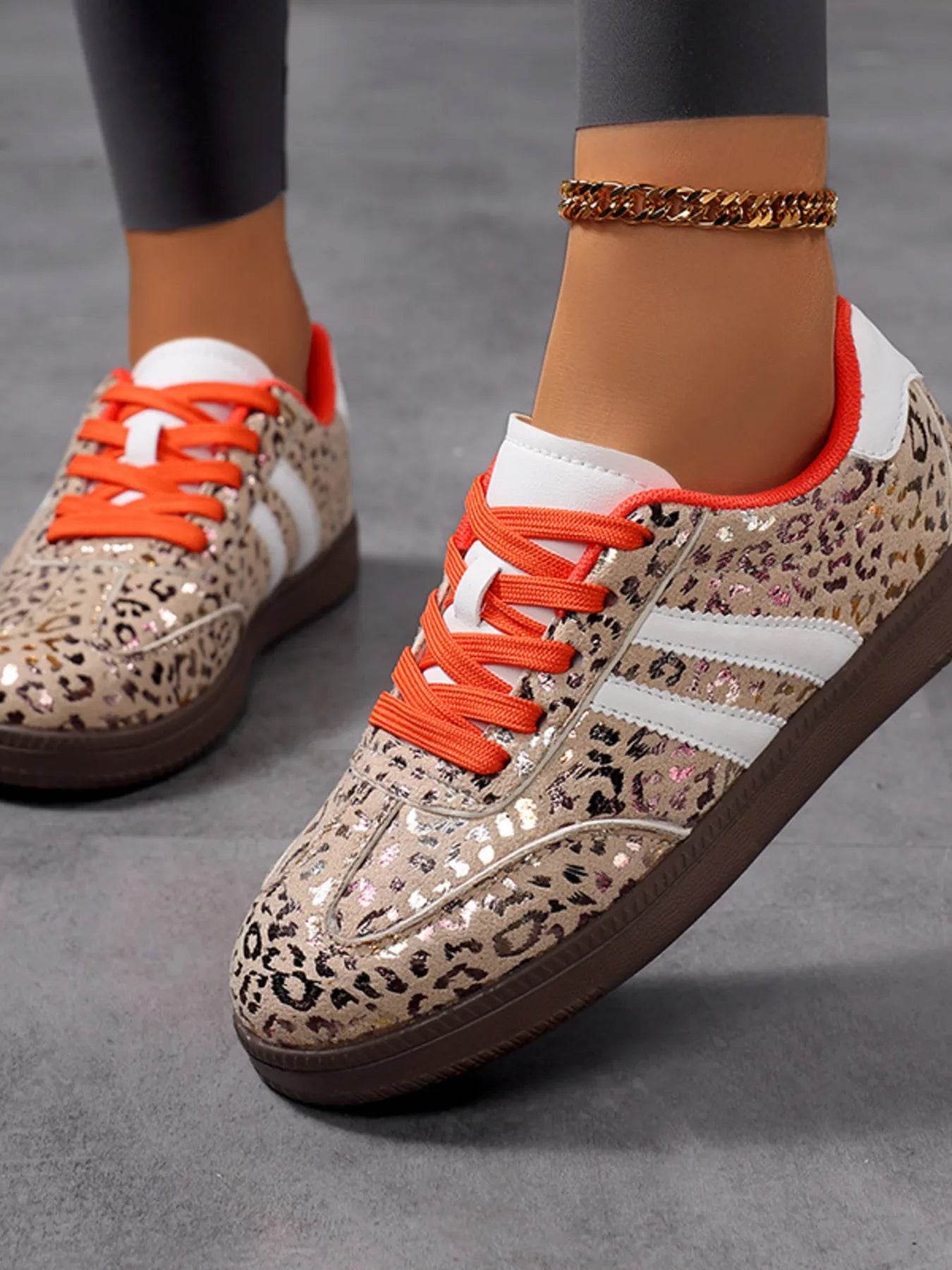 Leopard Print Stripe Detail Lace-up Sneakers - Tredona LLC