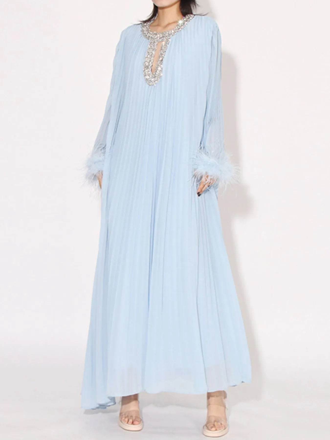 Rhinestone Long Sleeve Maxi Dress - Tredona LLC