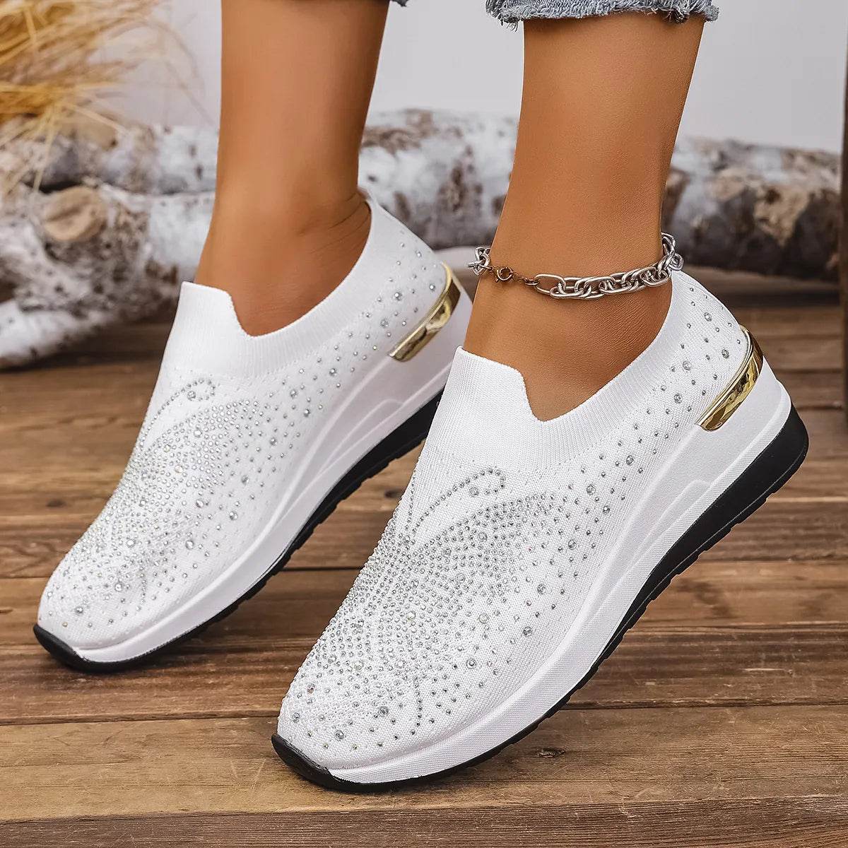 Rhinestone Wedge Sneakers - Tredona LLC