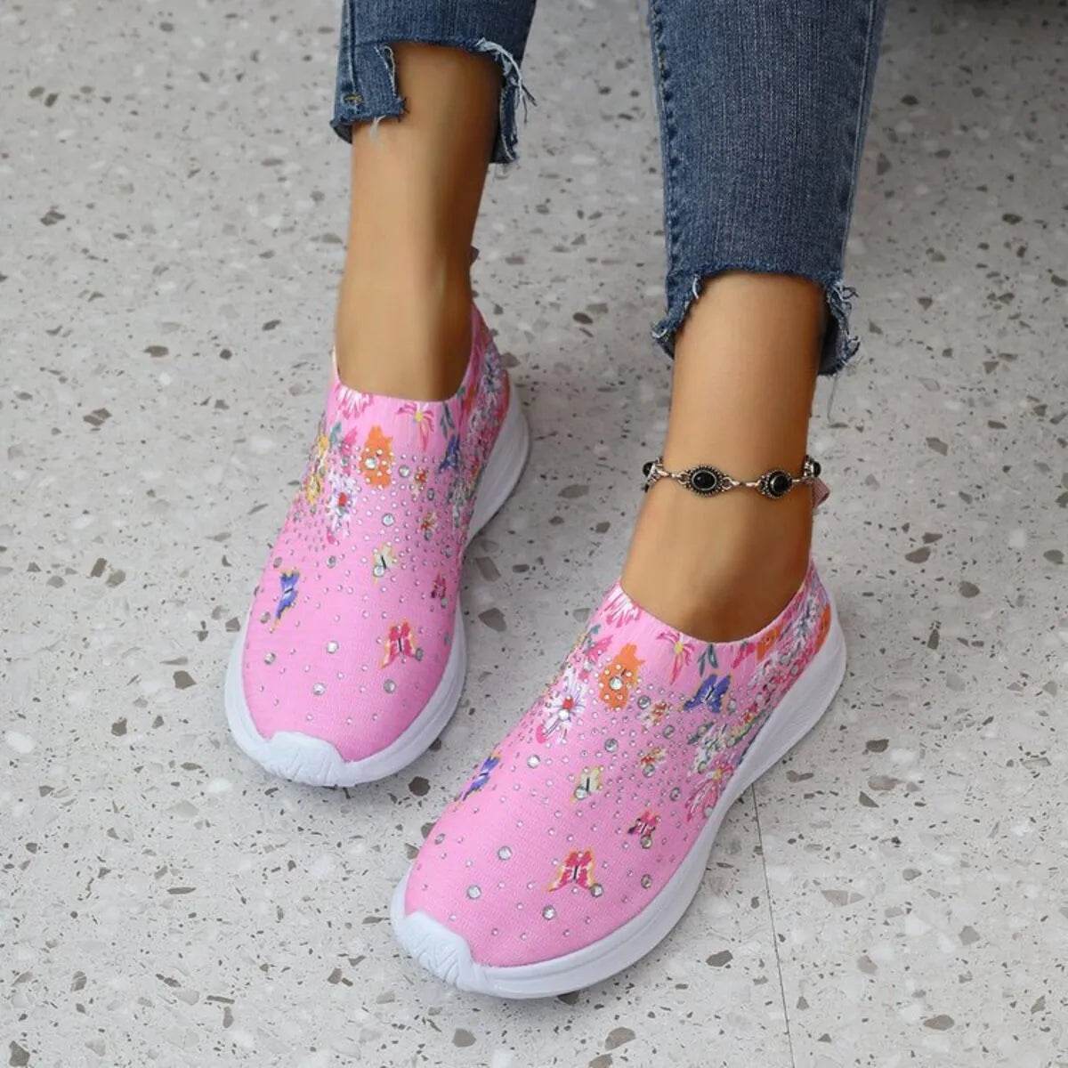 Rhinestone Floral Print Sneakers - Tredona LLC