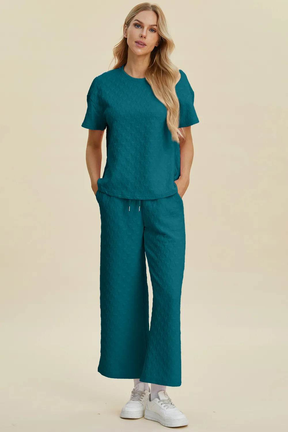 Double Take Full Size Texture Round Neck Short Sleeve Top and Pants Set - Tredona LLC