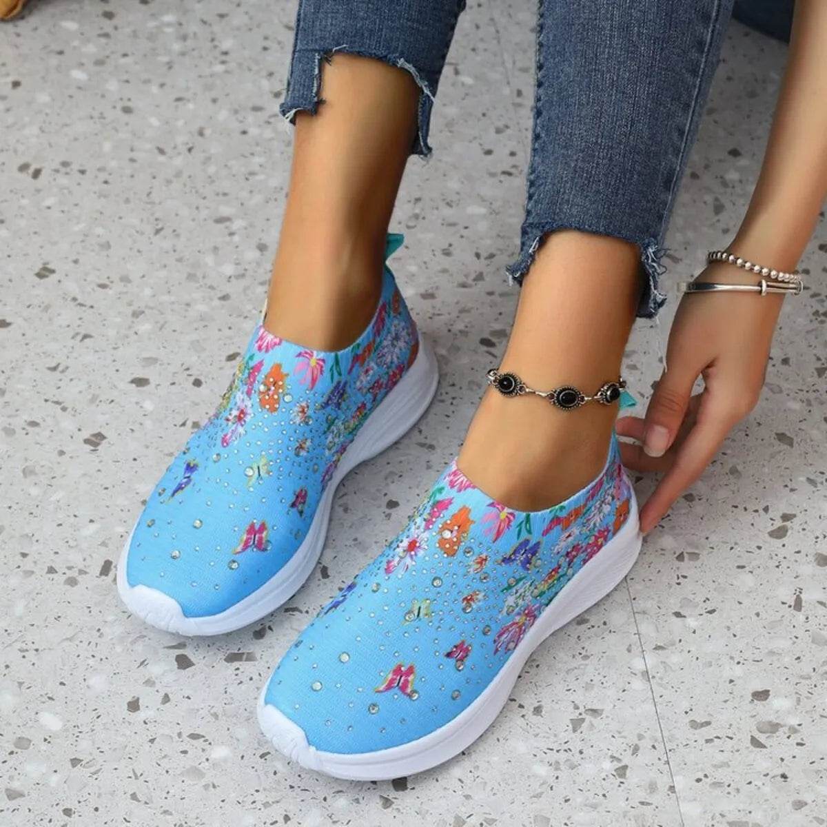 Rhinestone Floral Print Sneakers - Tredona LLC