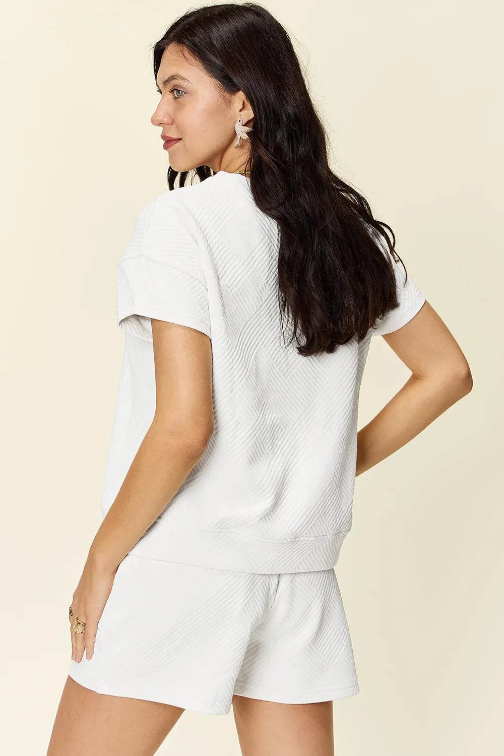 Double Take Full Size Texture Short Sleeve T-Shirt and Drawstring Shorts Set - Tredona LLC