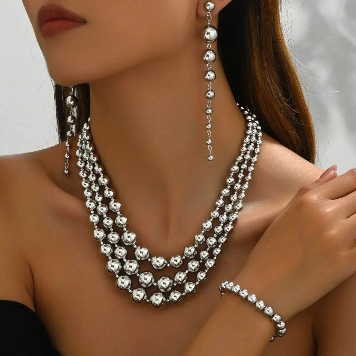 18K Stainless Steel Beaded Multi-Layered Necklace Bracelet Earrings Jewelry Set - Tredona LLC
