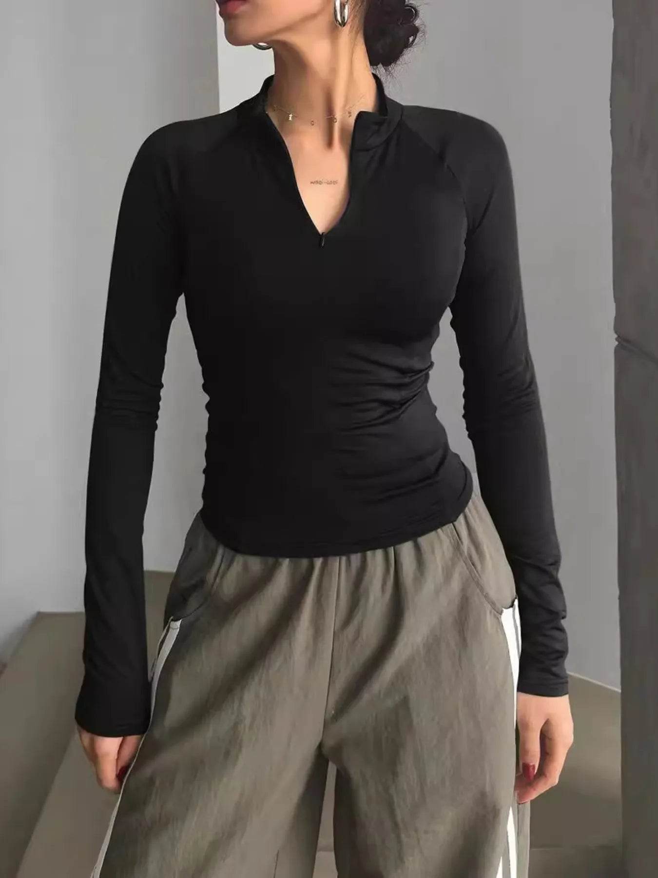 Long Sleeve Zip Front Fitted T-Shirt - Tredona LLC