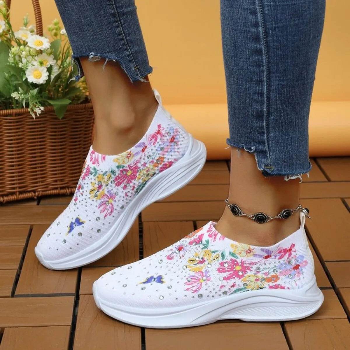 Rhinestone Floral Print Sneakers - Tredona LLC