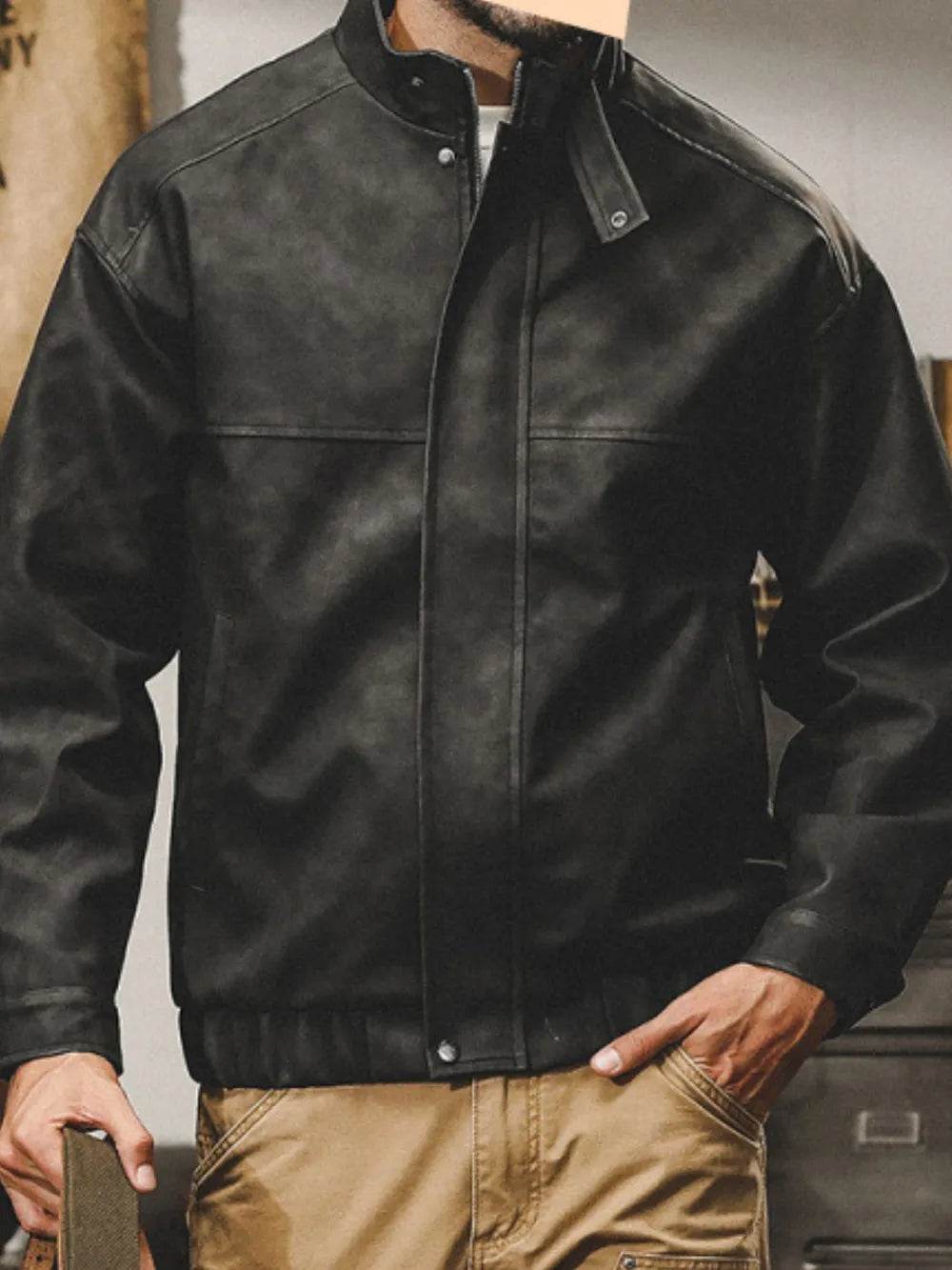 Men's Plus Size Zip Up Stand Collar Biker Jacket - Tredona LLC