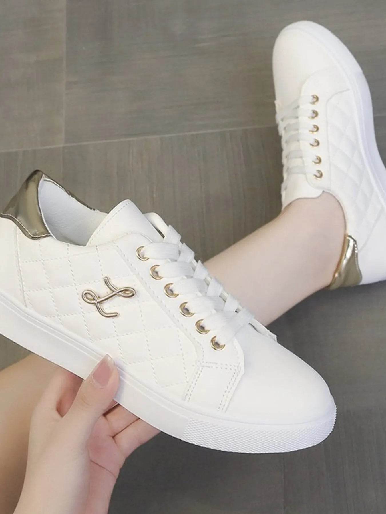 Quilted Platform Sneakers with Metallic Gold Accents - Tredona LLC