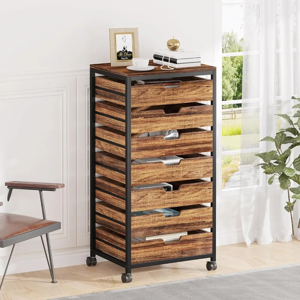 Tribesigns 7 Drawer Chest, Wood Storage Dresser Cabinet with Wheels, Industrial Storage Drawer Organizer Cart for Office Bedroom