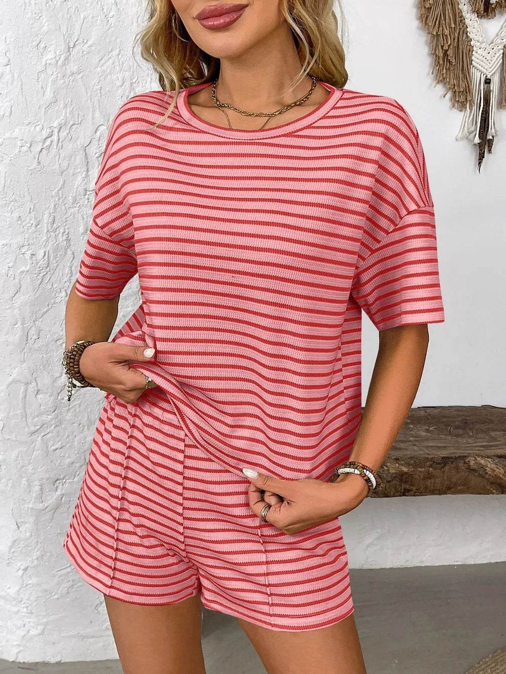 Striped Round Neck Short Sleeve Top and Shorts Set - Tredona LLC