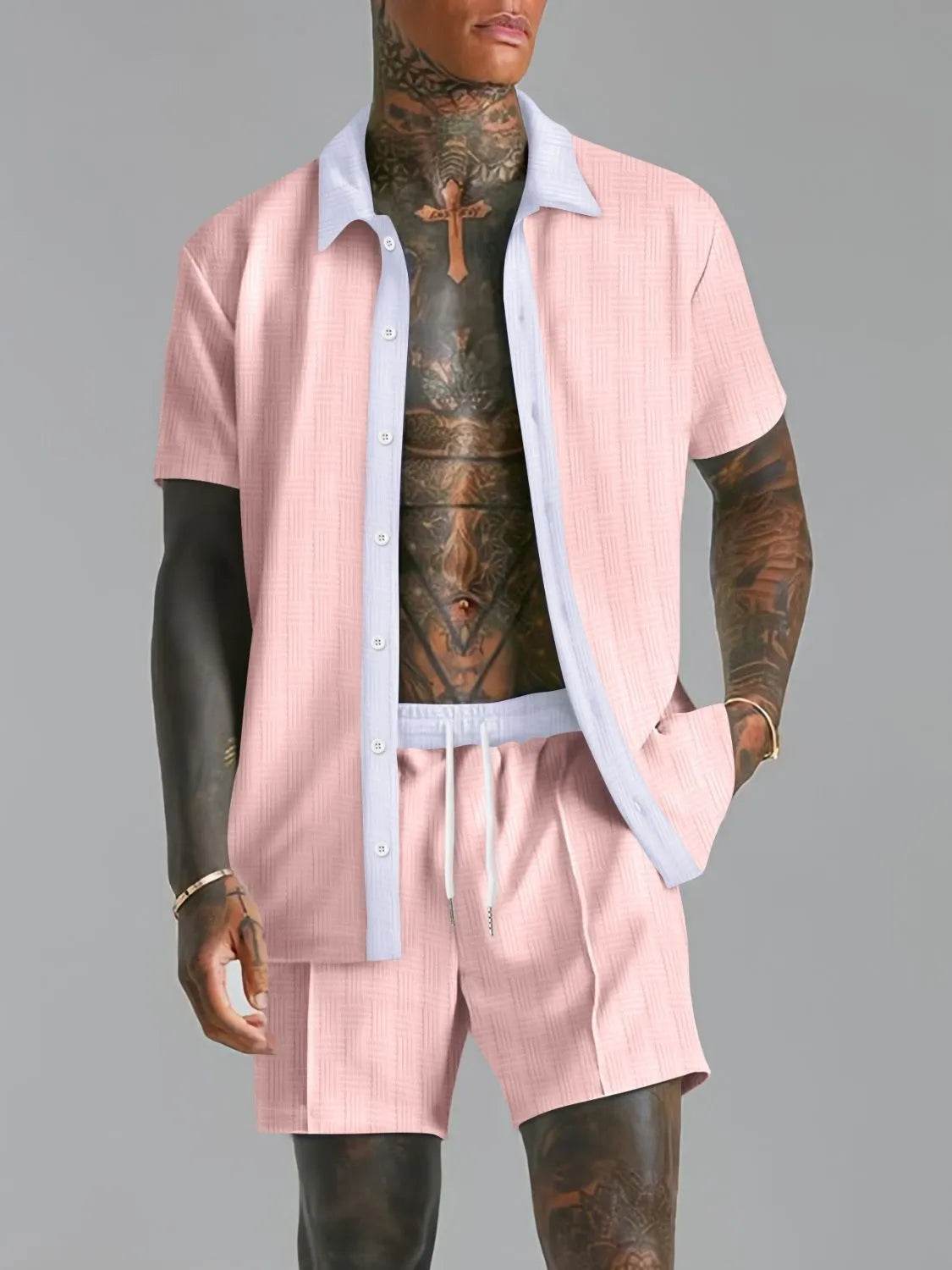 Men's Full Size Collared Neck Short Sleeve Top and Shorts Set Plus Size - Tredona LLC