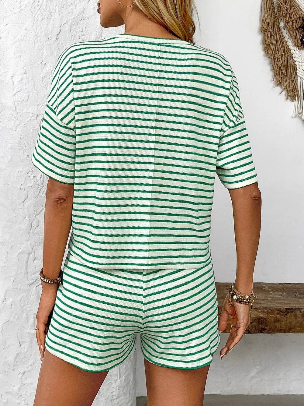 Striped Round Neck Short Sleeve Top and Shorts Set - Tredona LLC