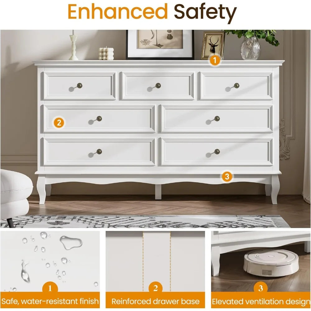 RoyalCraft White 7 Drawer Dresser for Bedroom, Modern Chest of Drawers with Solid Wood Legs and Painted Finish, Wooden Storage C