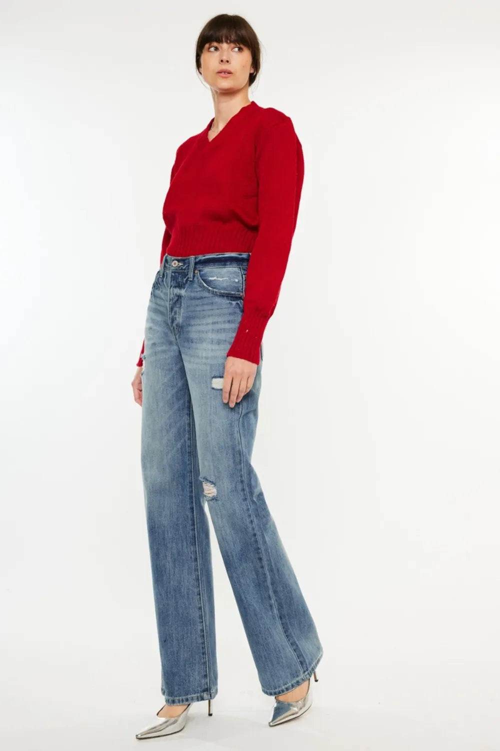 Kancan Distressed High Waist Bootcut Jeans - Tredona LLC