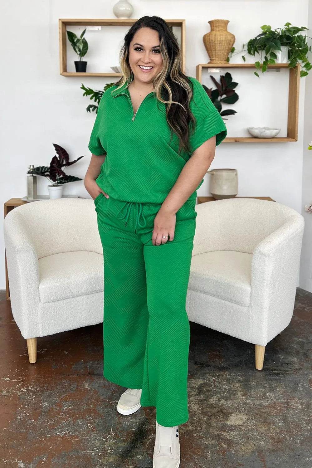 Double Take Full Size Texture Half Zip Short Sleeve Top and Pants Set - Tredona LLC
