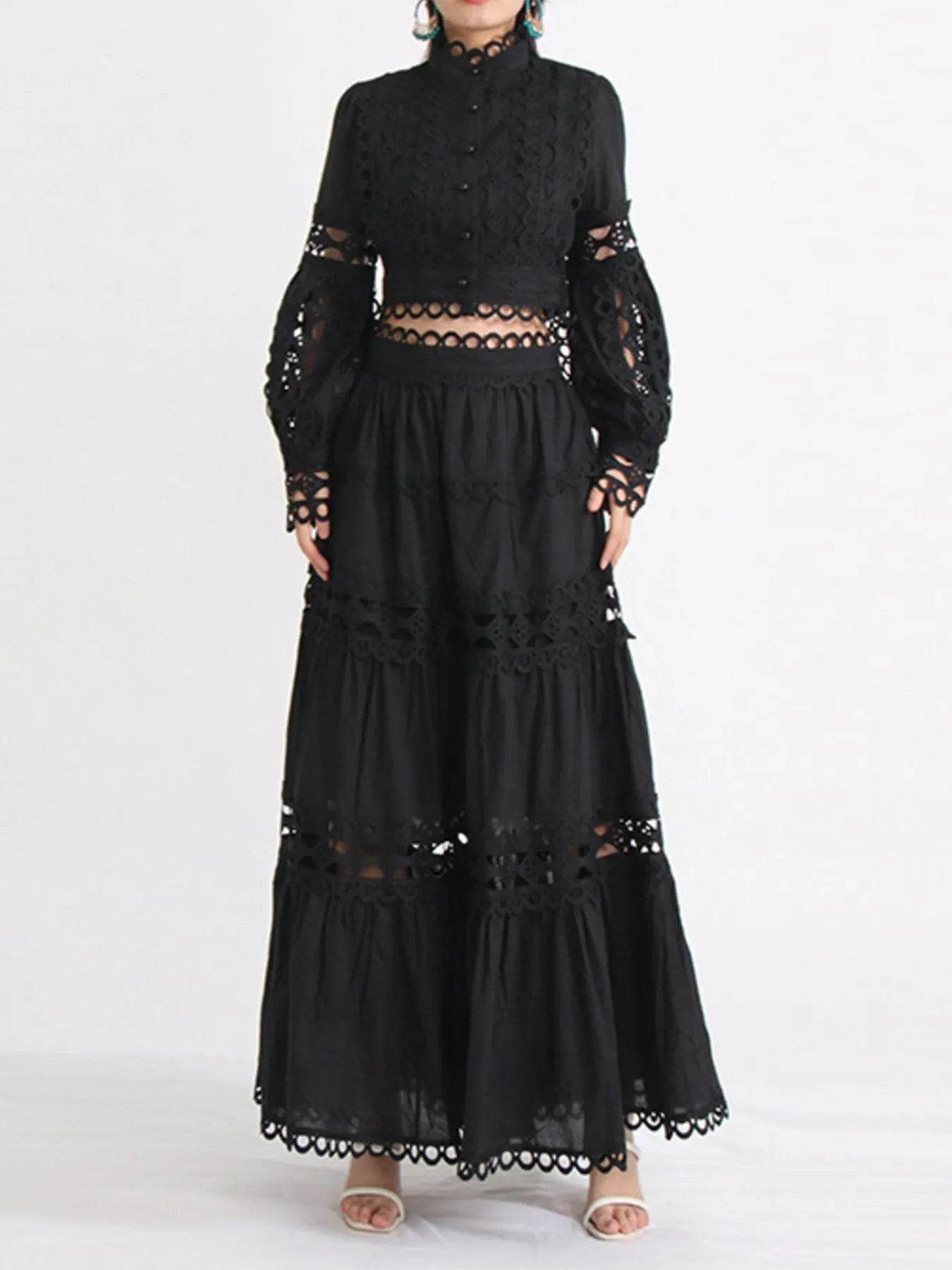 Lace Button Up Long Sleeve Top and Skirt Set - Tredona LLC