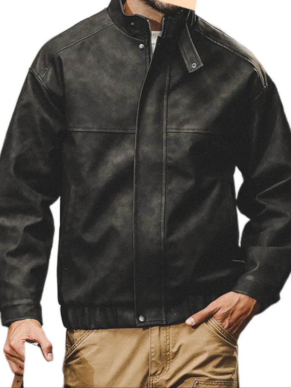 Men's Plus Size Zip Up Stand Collar Biker Jacket - Tredona LLC