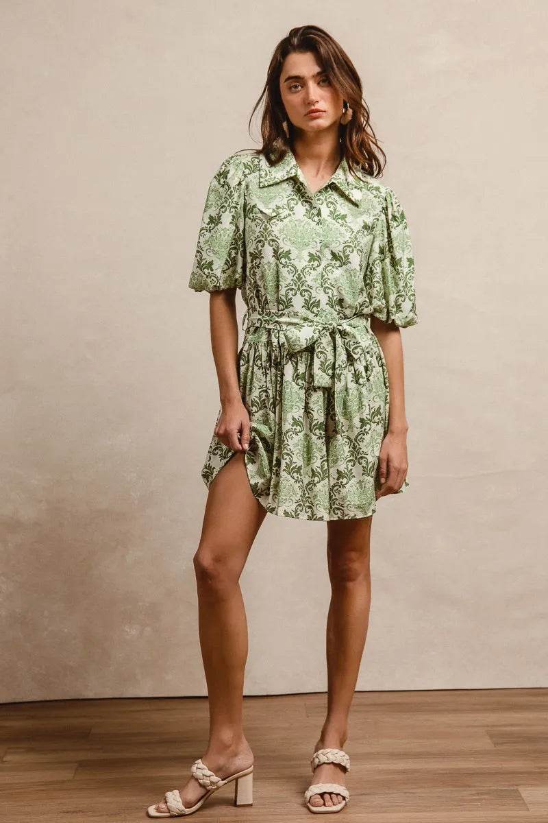 BiBi Tied Floral Short Sleeve Mini Shirt Dress - Tredona LLC