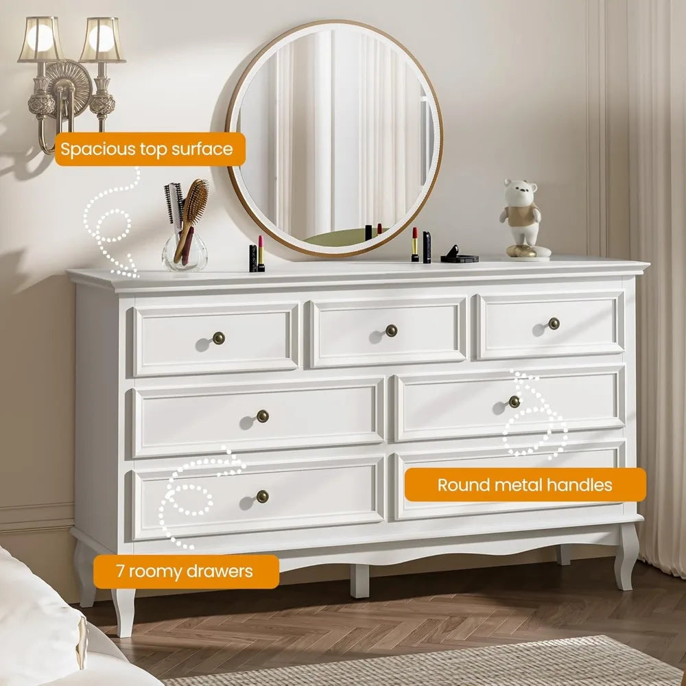 RoyalCraft White 7 Drawer Dresser for Bedroom, Modern Chest of Drawers with Solid Wood Legs and Painted Finish, Wooden Storage C