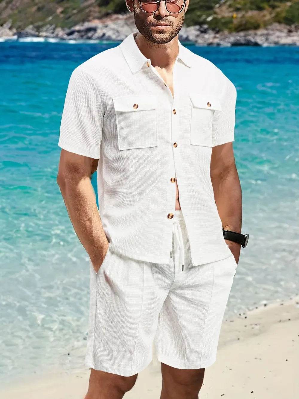 Men's Full Size Button Down Short Sleeve Top and Shorts Set Plus Size - Tredona LLC