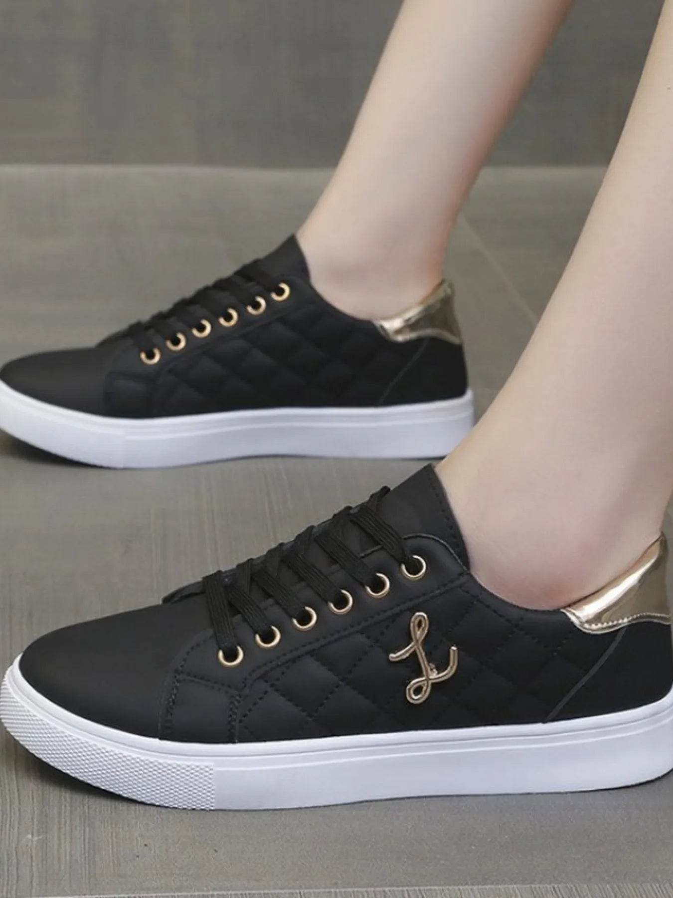 Quilted Platform Sneakers with Metallic Gold Accents - Tredona LLC