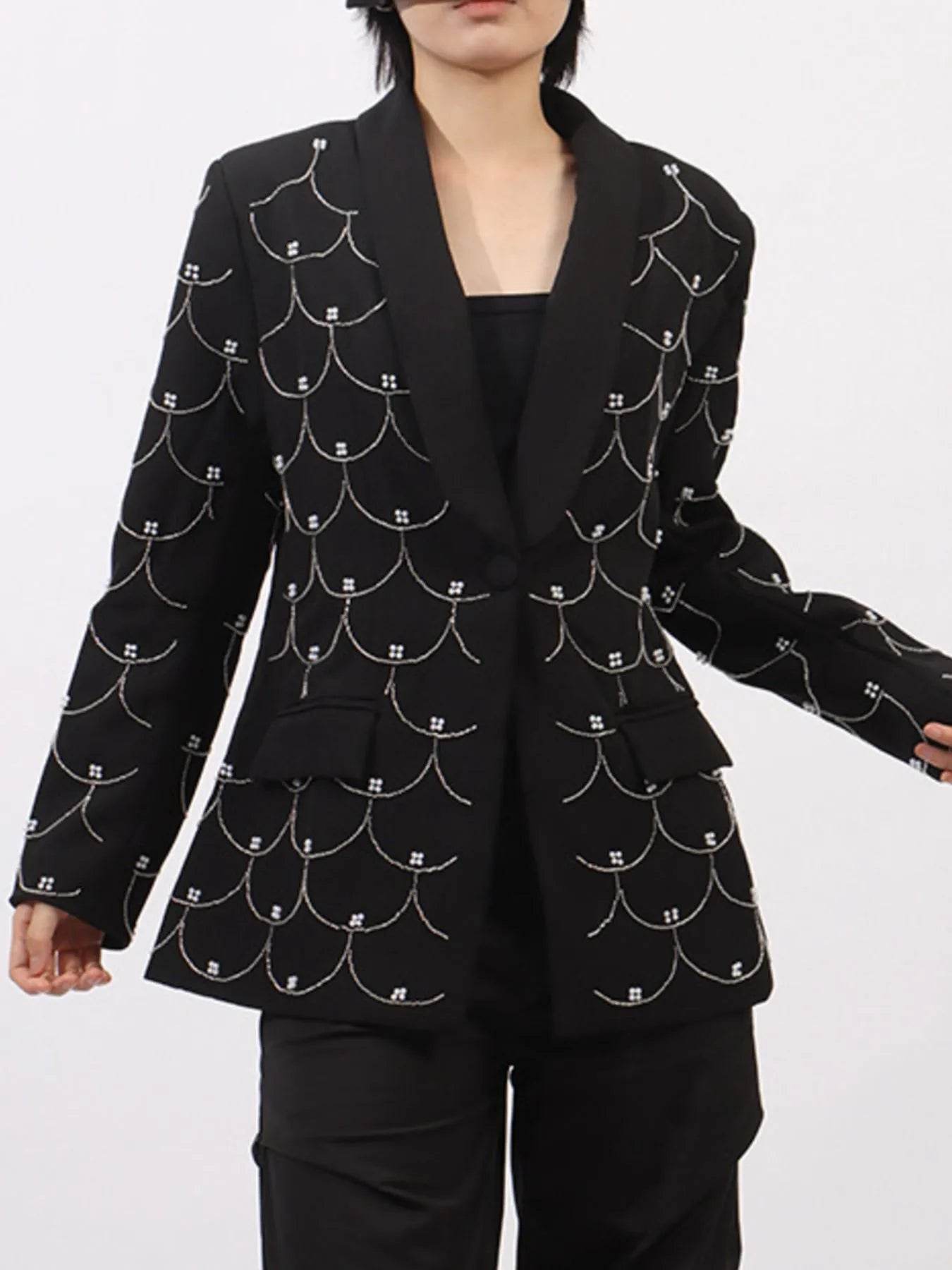 Pearl Detail Long Sleeve Blazer - Tredona LLC