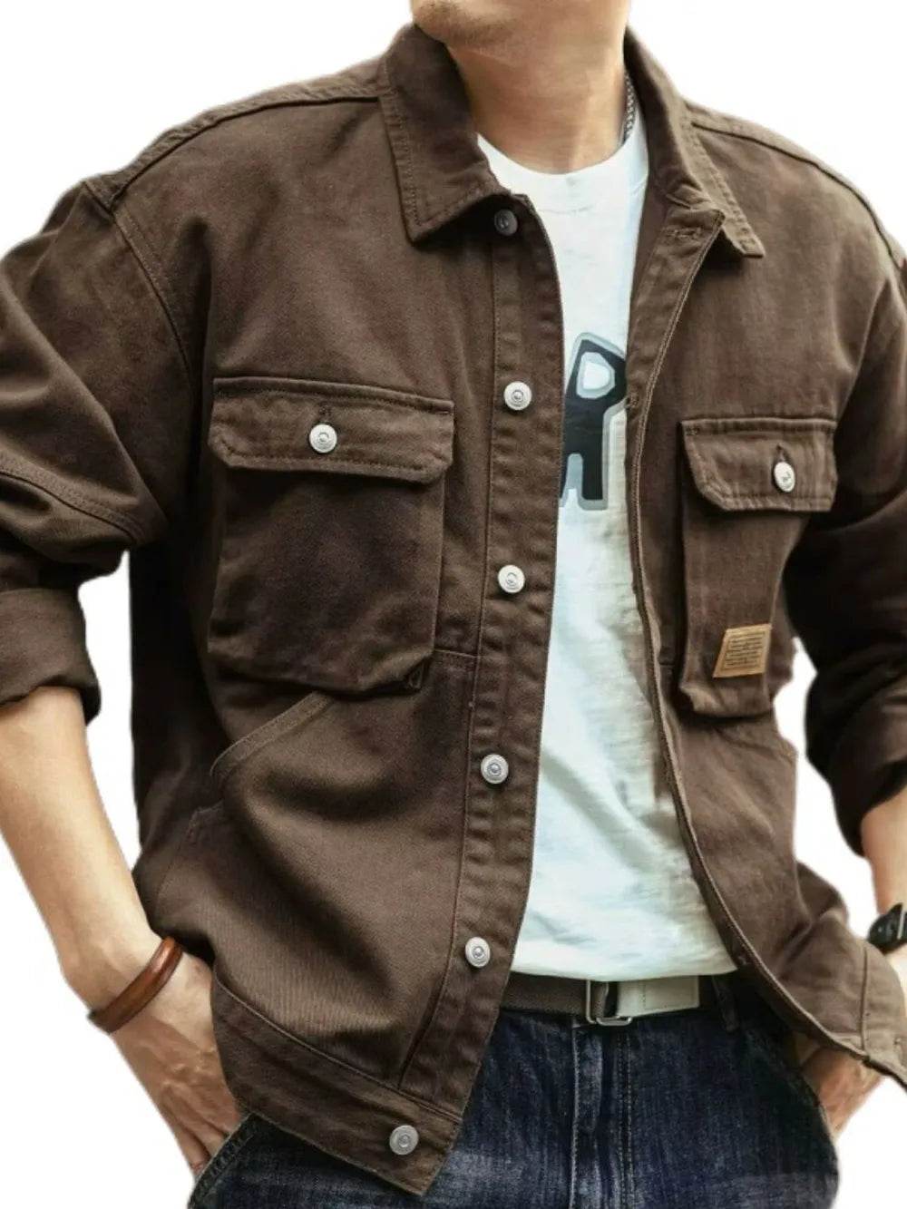 Men's Washed Collared Neck Cargo Jacket - Tredona LLC