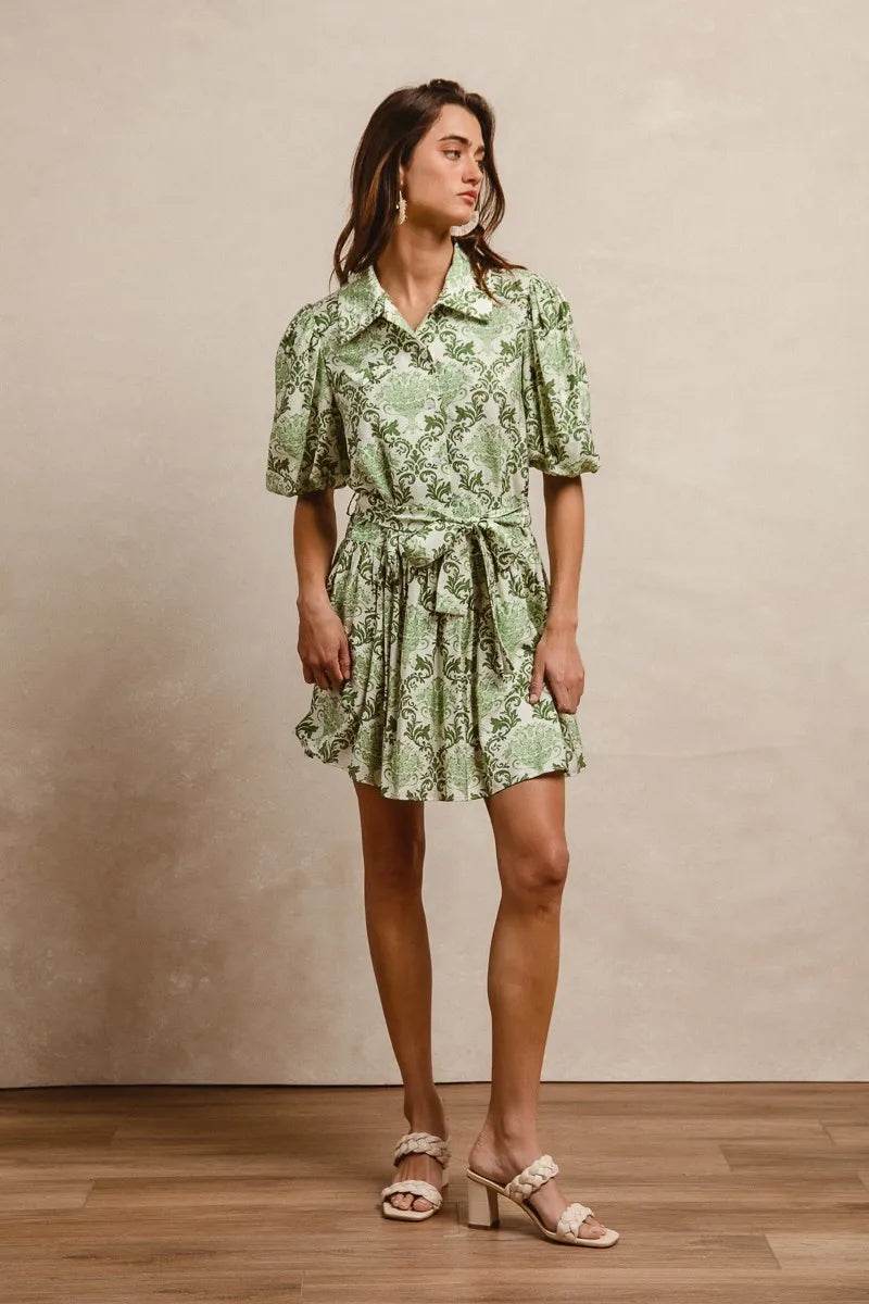 BiBi Tied Floral Short Sleeve Mini Shirt Dress - Tredona LLC