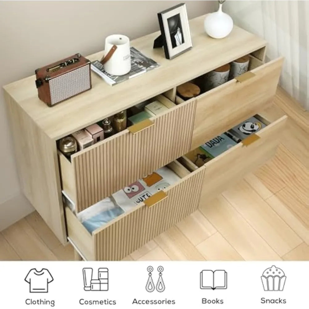 VOWNER Fluted 4 Drawers Dresser for Bedroom, 47 Wide Modern Chest of Drawers, Pull-Free Drawers, Wooden Closet Clothes Storage O