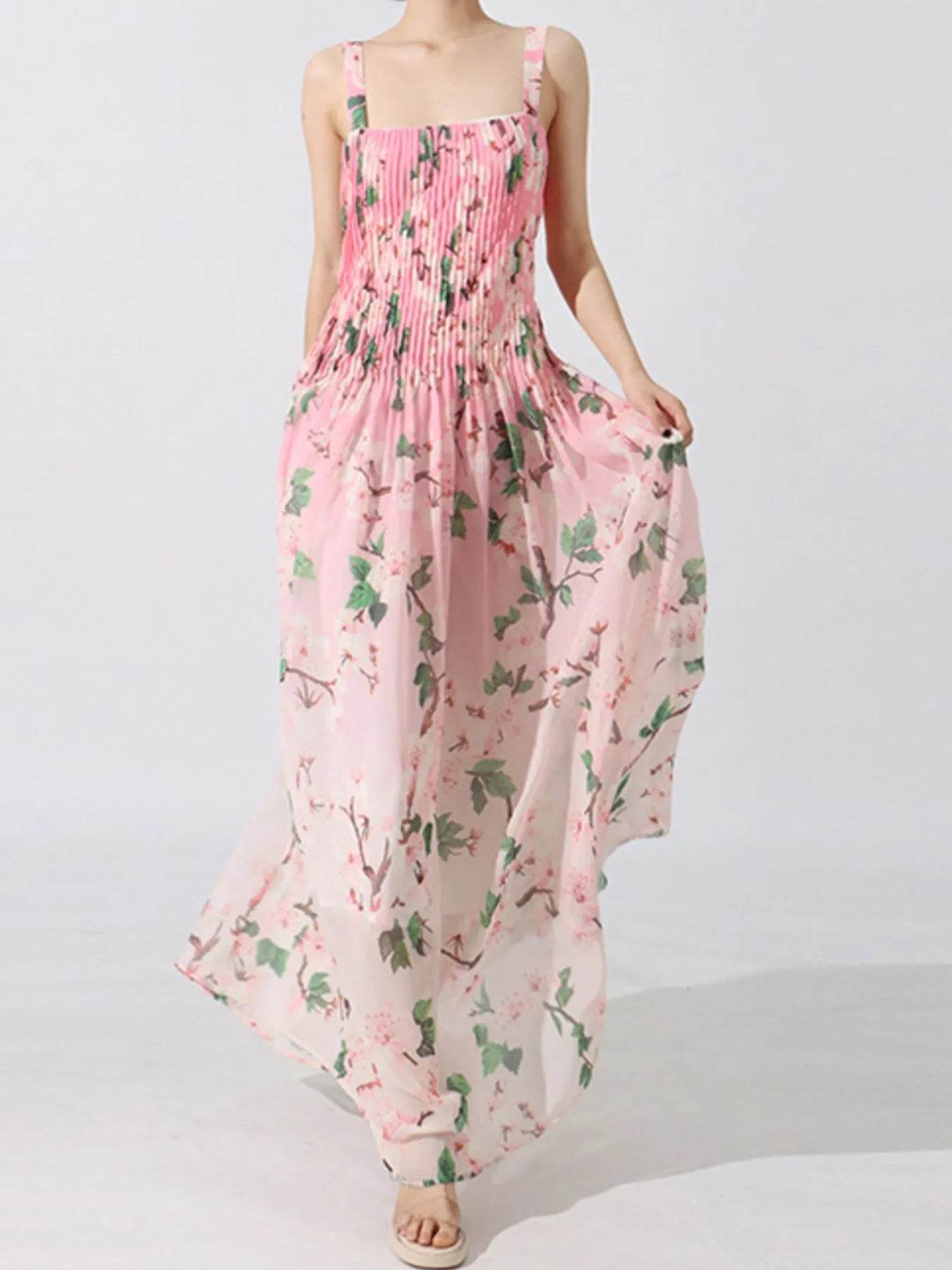 Floral Print Pleated Maxi Dress - Tredona LLC