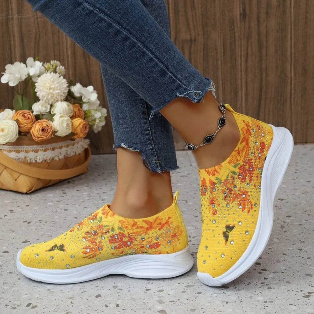 Rhinestone Floral Print Sneakers - Tredona LLC