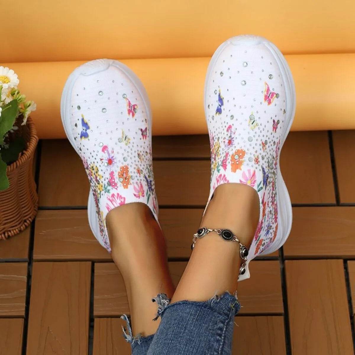 Rhinestone Floral Print Sneakers - Tredona LLC