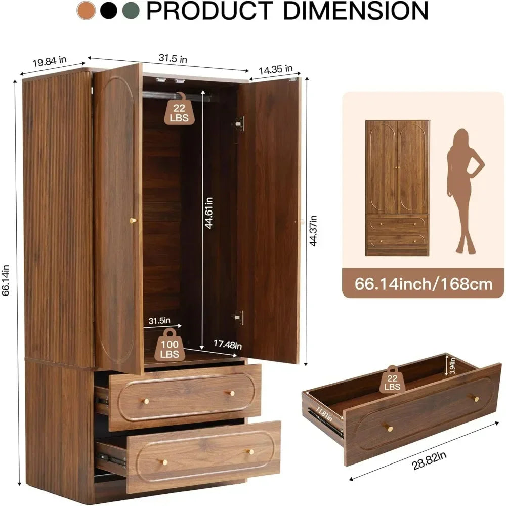 YQXH Fluted Freestanding Armoire Wardrobe Closet with 2 Doors and 2 Storage Drawers, Large Capacity Wardrobe Cabinet