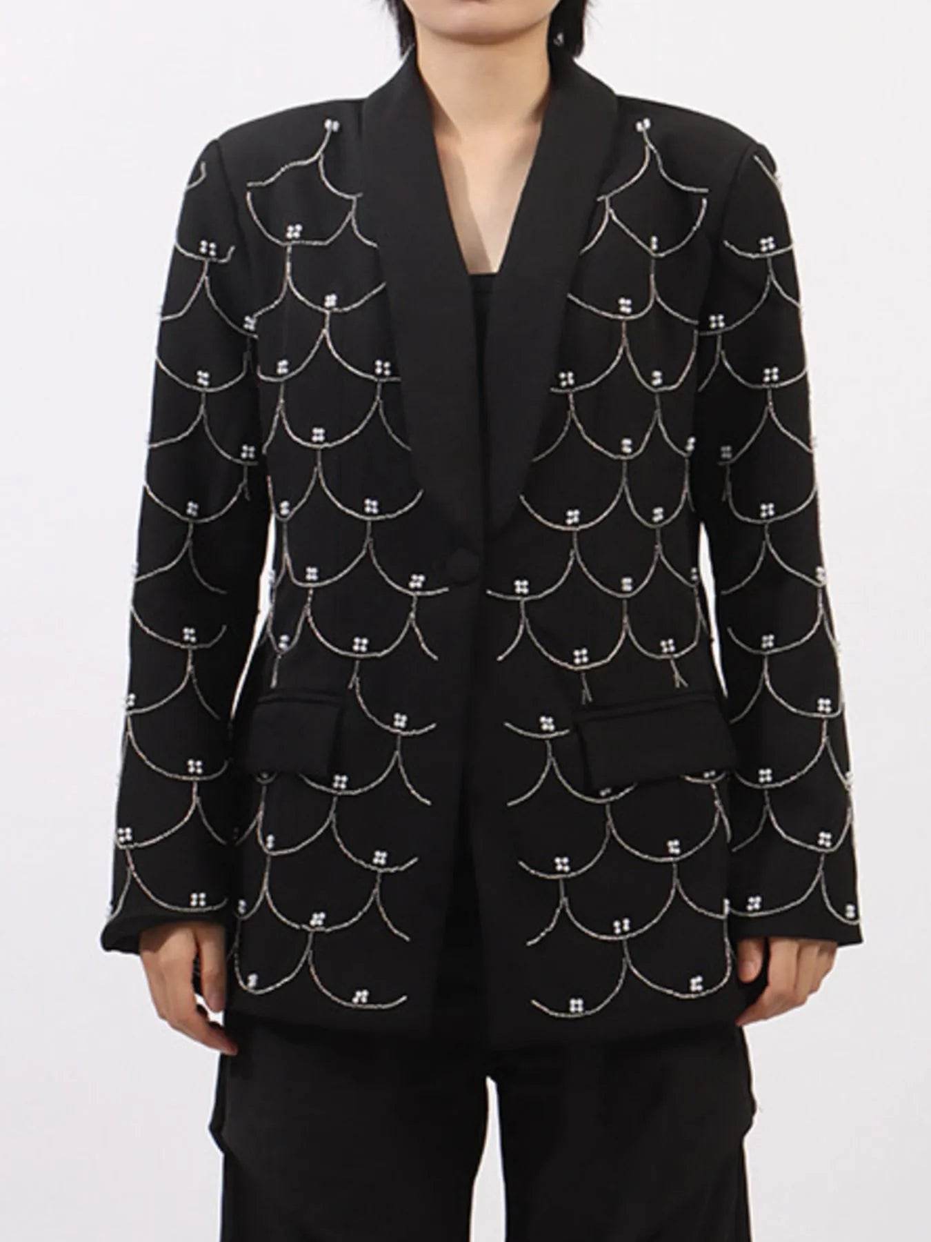 Pearl Detail Long Sleeve Blazer - Tredona LLC