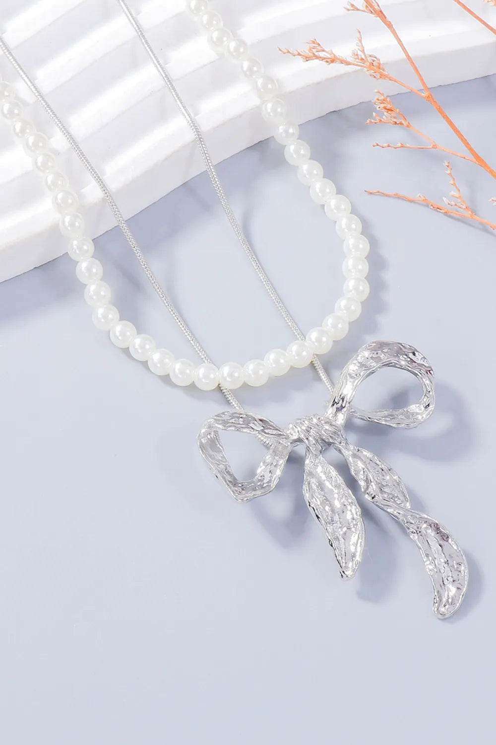 Synthetic Pearl Necklace, Bow Necklace and Bow Earrings Jewelry Set - Tredona LLC