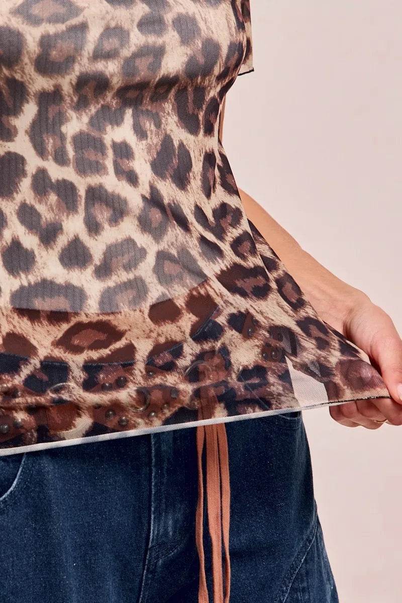 BiBi High Neck Leopard Mesh Short Sleeves Top - Tredona LLC
