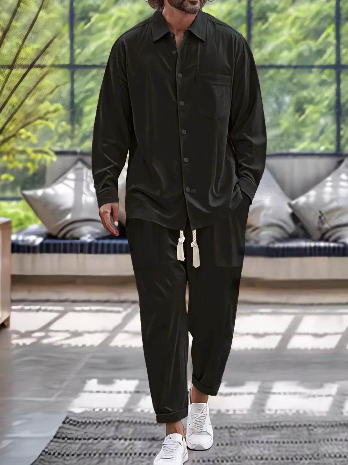 Men's Button Down Long Sleeve Shirt and Pants Set - Tredona LLC