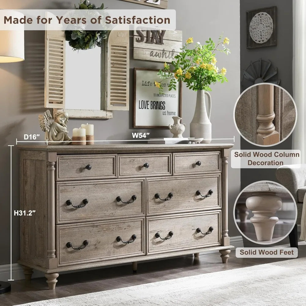 Rustic Country Style 7-Drawer Wood Dresser with Solid Feet and Column Accents for Bedroom