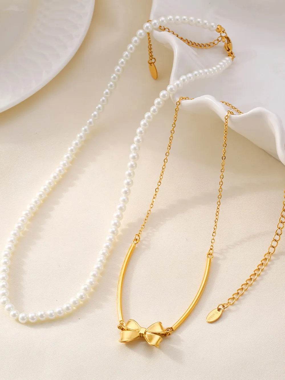3 Piece Pearl Necklace, Bow Necklace and Stud Earrings Jewelry Set - Tredona LLC