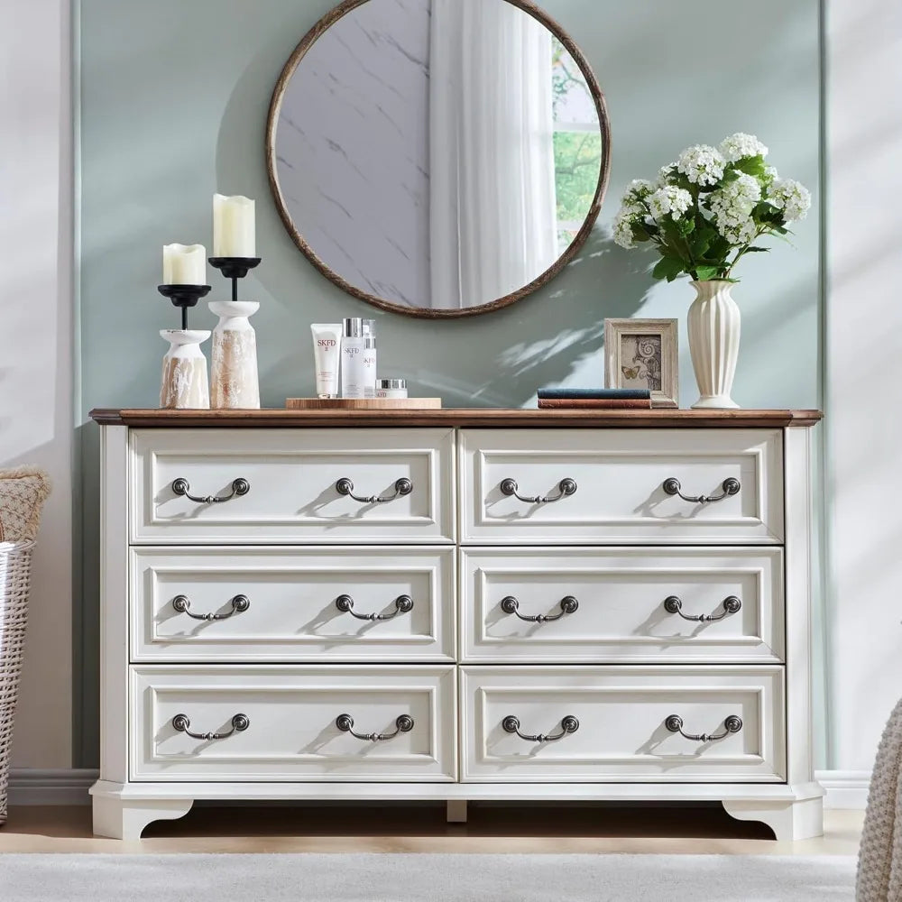T4TREAM Farmhouse 6 Drawers Dresser for Bedroom, 54 Wide Wood Rustic Chest of Drawers with Natural Texture, Vintage Design, Stor